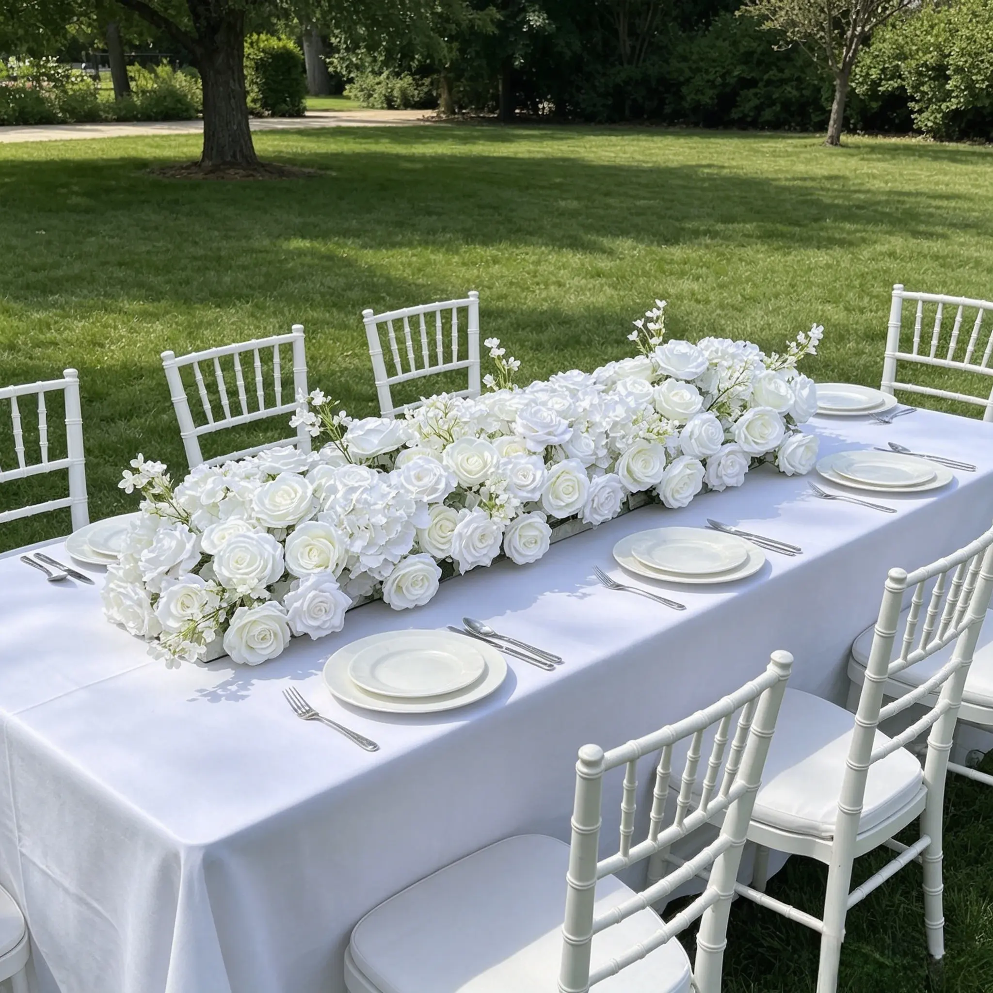 Elegant All White Long Flower Garland Artificial Hydrangea Runner Table Centerpiece For Wedding Ceremony Gala Dinner Cafe Lobby Decoration Photo Booth Prop Engagement Party Content Shooting Styling Outdoor Wedding Reception Floral Decor
