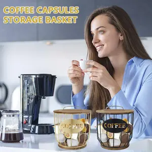 Coffee Pod Holder Vintage Coffee Capsule Basket with Wooden Base Mug Shaped Black Wire Coffee Pod Organizer Reusable Coffee Capsule Storage Espresso Capsules Container for Home Countertop Decor