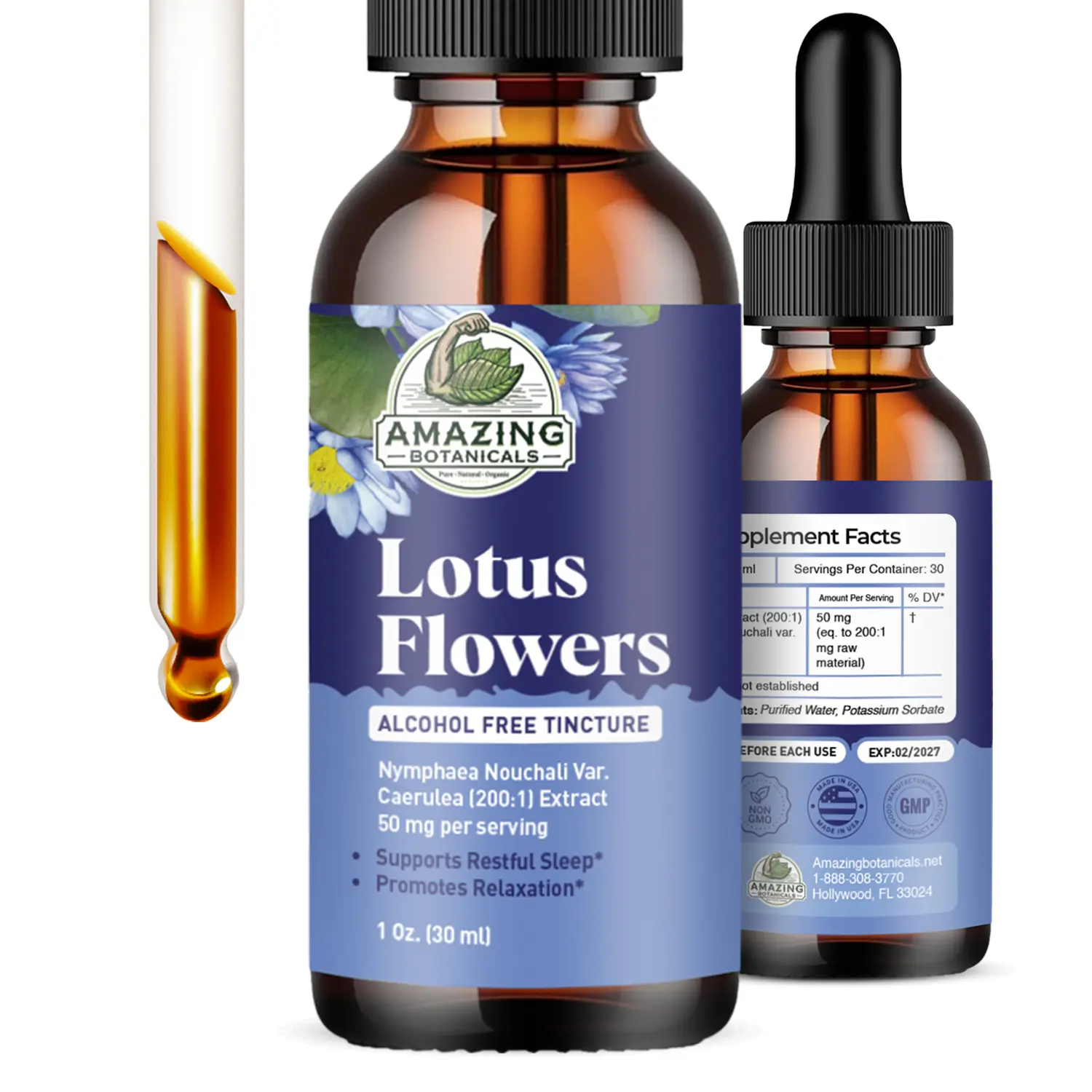 Amazing Botanicals Blue Lotus 200X High Potency Herbal Tincture - 50mg Nymphaea Caerulea, Alcohol-Free Edible Drops, Lab-Tested Organic Healthcare Supplement for Dietary Relaxation Support