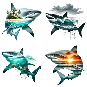 Shark Pattern Iron-on Transfer Sticker, 4 Counts/set Cartoon-style PVC Heat Transfer Sticker, DIY T-shirts & Backpacks Decoration DIY Supplies
