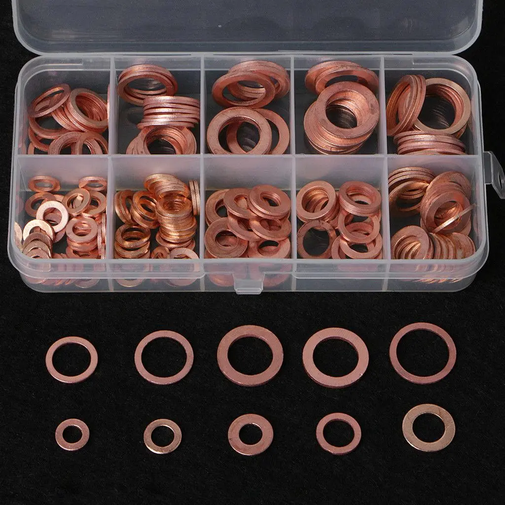 Copper Washer Set, Heavy Duty Flat Washer Assortment Kit, M5/M6/M8/M10/M12/M14 Sealing Washers Assortment Set with Storage Box, Car Body Repair Tools, Parts, Hardware, Industrial