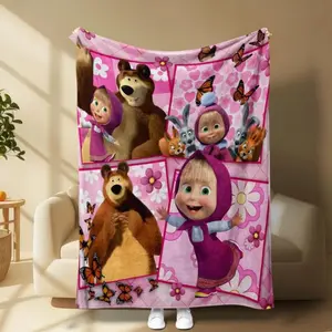Masha and The Bear Fleece Blanket - Pink Floral Butterfly Design Super Soft Flannel for Sofa Nap Kids Bedroom Travel Camping Halloween Christmas Gift plush throw warm office decor blanket comfortable  Skin-friendly and breathable