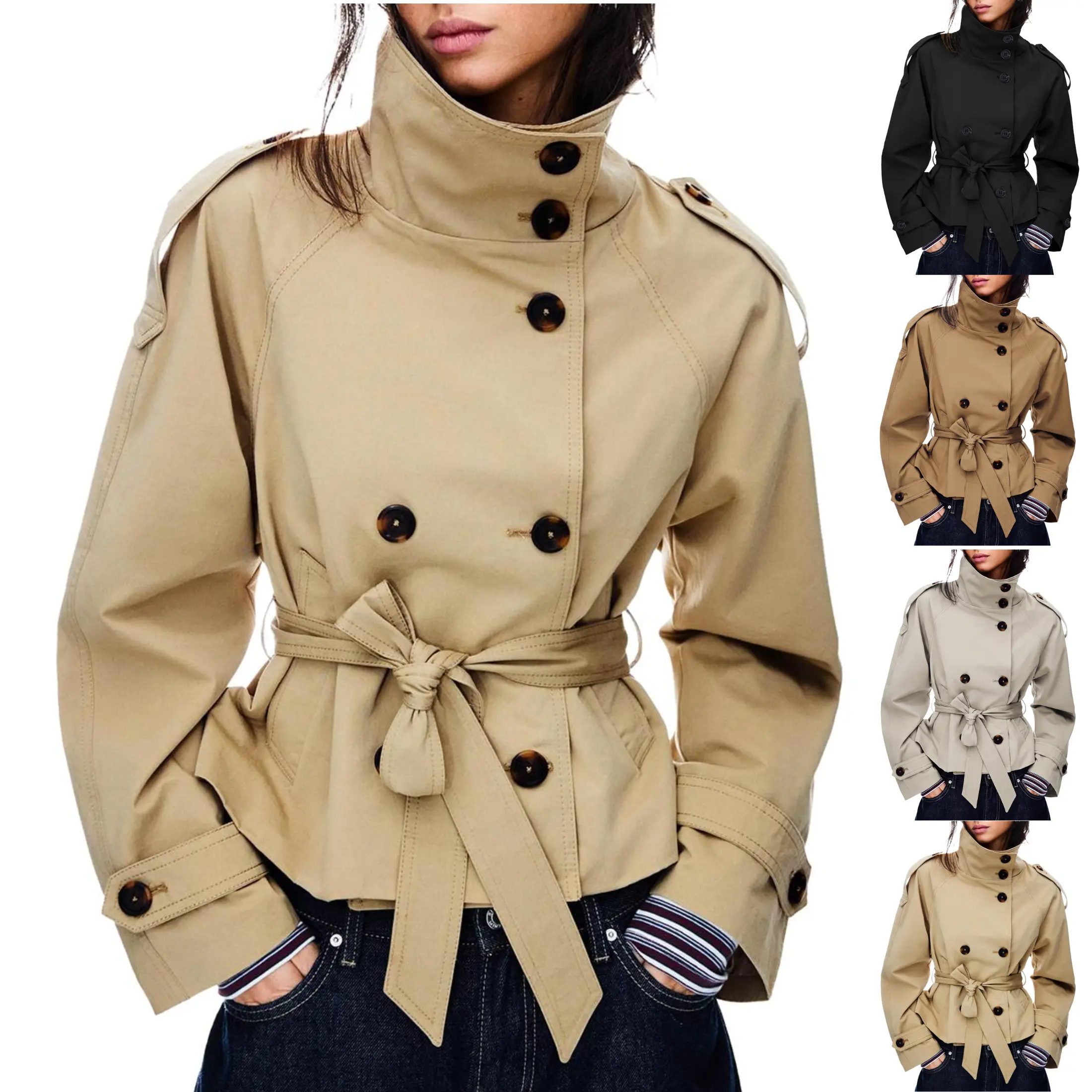 JovenPara Women's Cropped Trench Coat Double Breasted Short Jacket High Collar Fall Winter Coats Trendy Outfit with Belt
