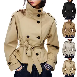 JovenPara Women's Cropped Trench Coat Double Breasted Short Jacket High Collar Fall Winter Coats Trendy Outfit with Belt