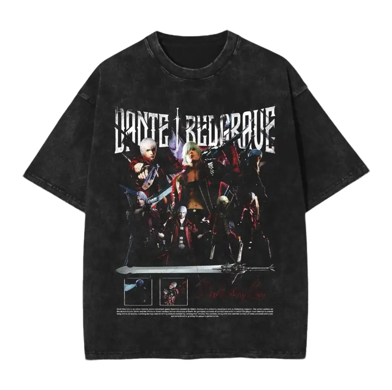 Men's Casual Oversized Dante Vintage Graphic T-Shirt - Heavyweight Cotton Short-Sleeve Unisex Streetwear Handmade Gamer Top, Crew Neck, 2XL, 3XL, Machine Washable, Cold Wash Recommended, Do Not Dry Clean