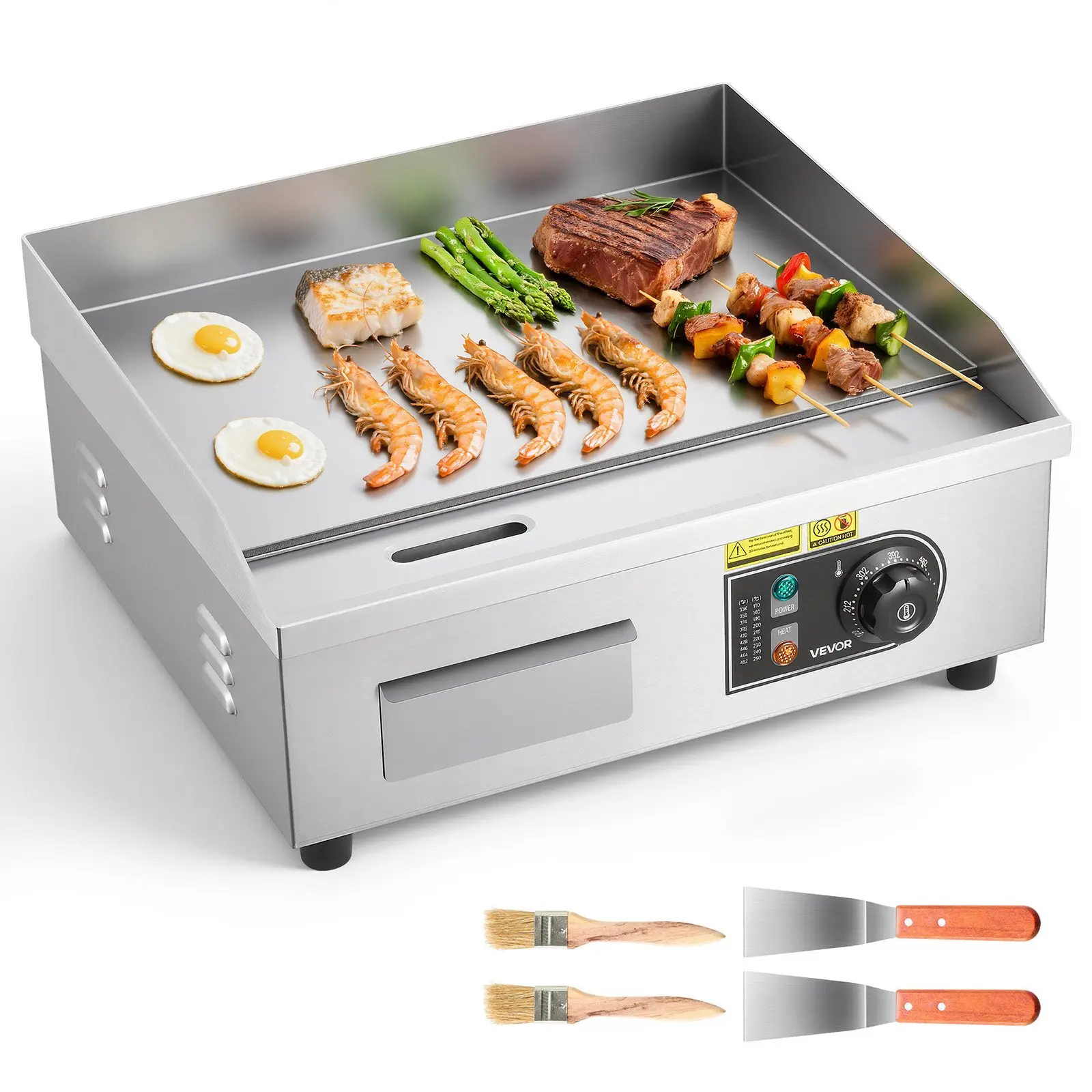 Commercial Electric Griddle, 17.72 x 11.81 inch, 1750W, 122-570 ° F Adjustable Temp Control, Stainless Steel Countertop Flat Top Grill with 2 Spatulas, 2 Brushes, and 4 Foot Pads, for Steak