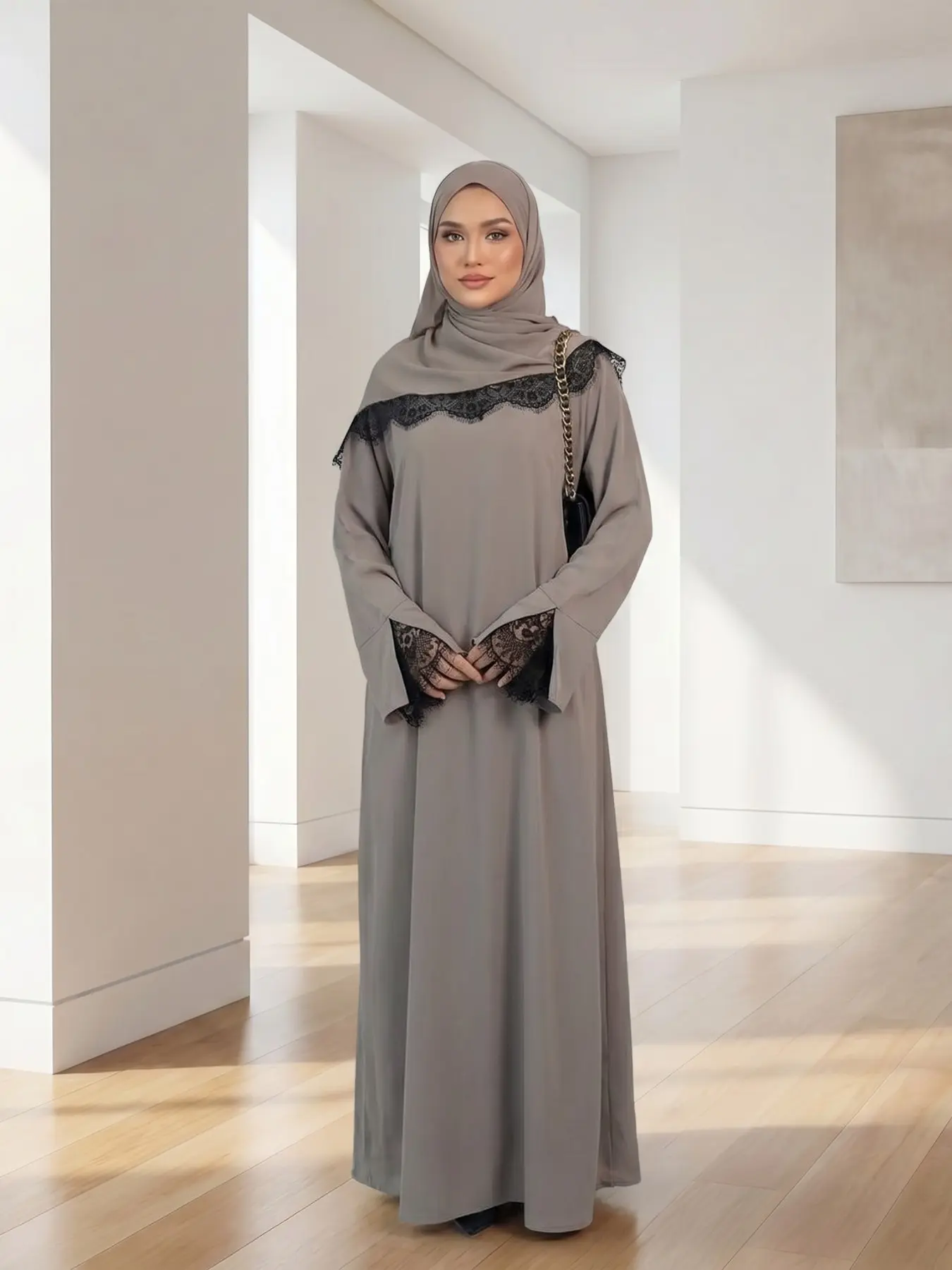 Muslim Women's Long Sleeve Lace Patchwork Plus Size Loose Fit Plain 2-Piece Set Dress with Scarf, Elegant Casual Wear, Muslim Outfits, Comfortable Fabric, Modest Summer Outfit, Dress Hijab Set