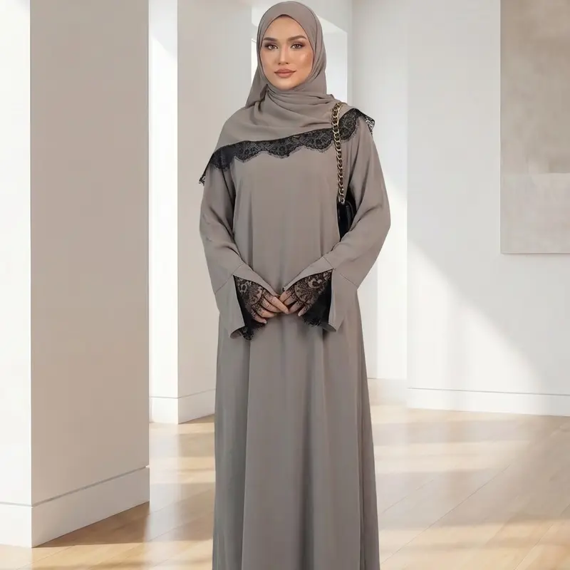 Muslim Women's Long Sleeve Lace Patchwork Plus Size Loose Fit Plain 2-Piece Set Dress with Scarf, Elegant Casual Wear, Comfortable Fabric, Modest Muslim Outfits