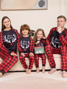 2 Piece Christmas Family Pajama Set, Cartoon Deer Antler Letter Print Top, Striped Plaid Sleepwear for Men Women Kids