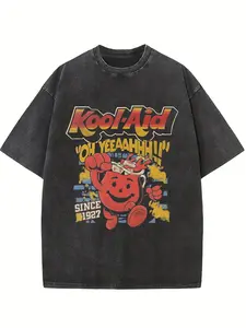 Men's Retro Washed Hip-Hop Style T-Shirt with Cartoon Patterns 100% Pure Cotton Loose Fit Short Sleeves Casual Menswear Top