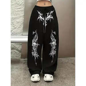 Y2K Campus Gothic Print Loose Fit Pants, Dark Street Style, Adjustable Drawstring Waist, Soft and Structured, Perfect for Casual