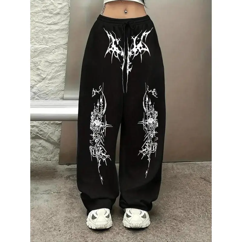 Y2K Campus Gothic Print Loose Fit Pants, Dark Street Style, Adjustable Drawstring Waist, Soft and Structured, Perfect for Casual Y2K Campus Gothic Print Loose Fit Pants, Dark Street Style, Adjustable Drawstring Waist, Soft and Structured, Perfect for Casual
