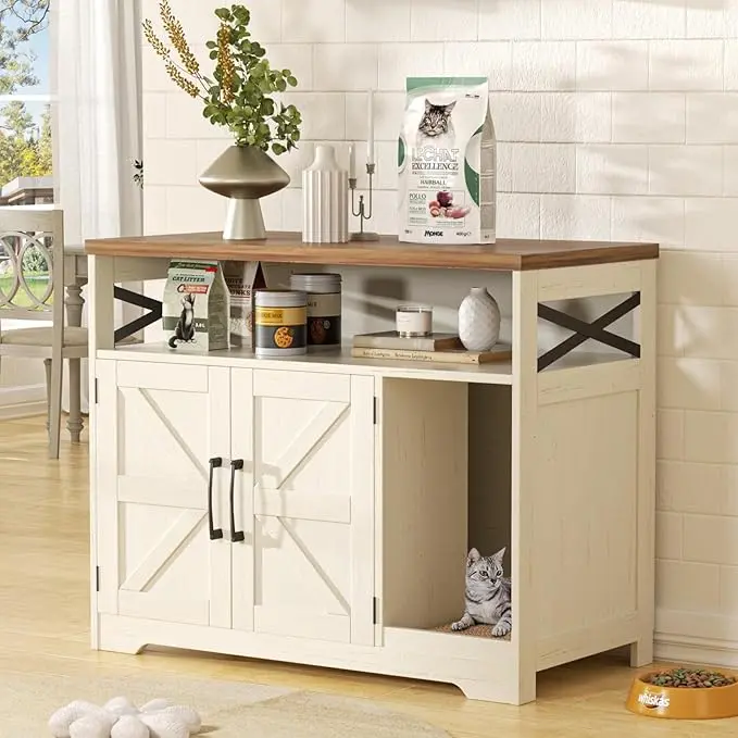 [Summergarden] Vabches Enclosed Litter Box Furniture, Farmhouse Hidden Cat Washroom End Table with Scratch Pad