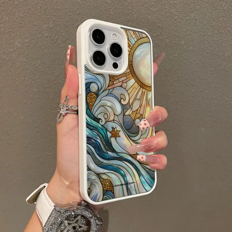 Magnetic Stylish Silicone Case for iPhone 17,16 E Pro Max,15 Plus,14,13,12,11,XS,XR Smartphones - Sun and Waves Stained Glass Aesthetic, Shockproof, Lightweight, Girly, Scratch-Resistant Handheld Cellphone Devices Protection