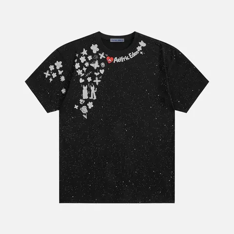 Aelfric Eden Men's Unisex Fitted Sequin Cartoon Graphic Tshirt - Mid-Rise, Oversized, Dropped-Sleeve, Heavyweight Cotton Y2K Casual Menswear Streetwear Clothing Top (Back to School, First Day Outfits)