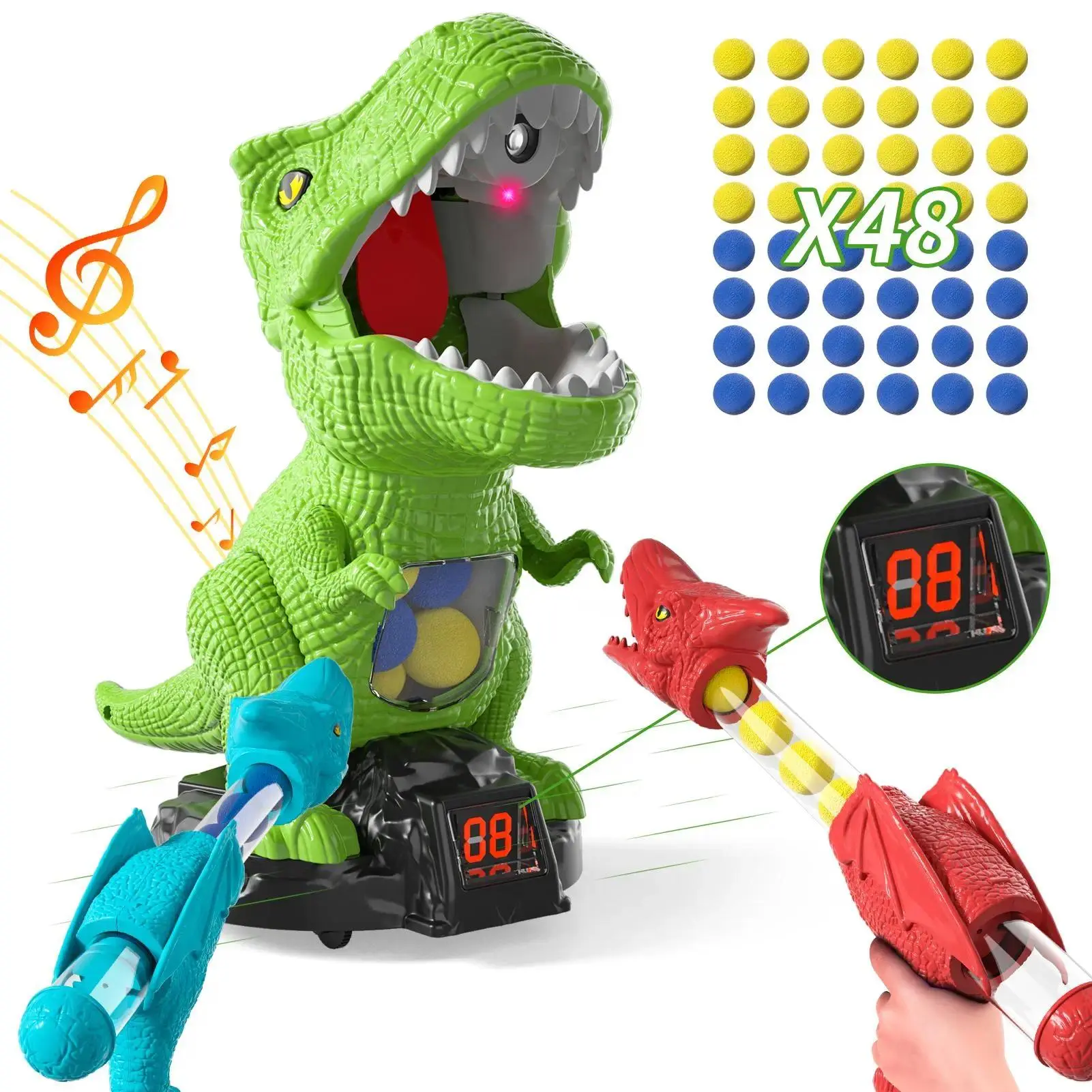 Kids Dinosaur Shooting Toy Set - Movable Dinosaur Target, LED Lights, Sound Effects, 2 Pterosaur-Shaped Foam Bullet Guns, 2 Goggles, 24 Blue Foam Bullets, Score Recording, 30x21x13cm Outdoor Fun Gift for Birthdays, Christmas Gifts to Improve Skills