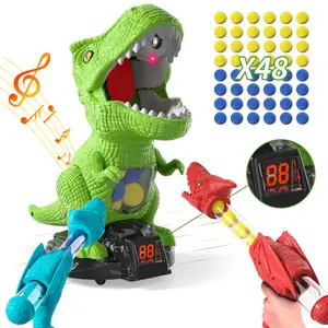 Dinosaur Shooting Toy with Movable Target LED Lights Sound Effects 2 Pump Air Launchers 48 Foam Balls Score Recording for Kids Outdoor Fun  Birthday or Christmas Gift