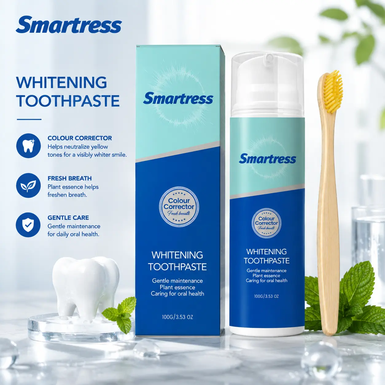 Smartress Brightening Toothpaste for Stain Removal & Fresh Breath, Daily Oral Care for Clean White Teeth