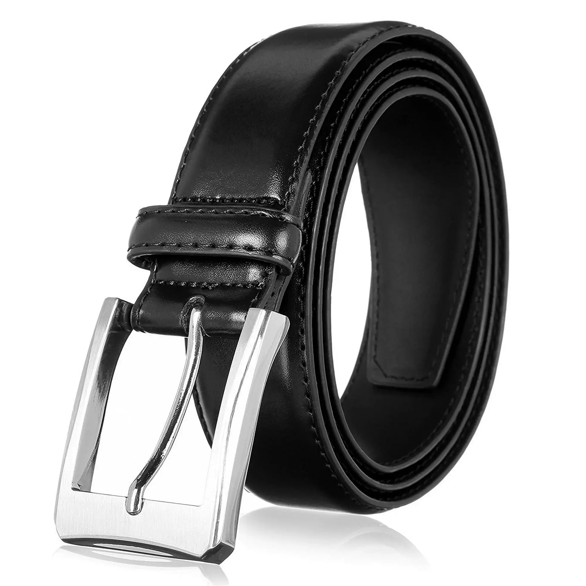 Men's genuine leather dress belt for work business and casual occasions - classic, fashion, and functional (Black, 32/34), Adjustable Buckles