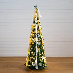 6' Pre-Lit Artificial Pop up Christmas Tree with Gold & Silver Ornaments, Ribbons and 150 Warm White LED Lights