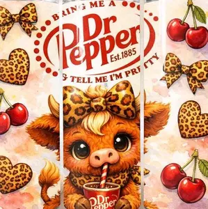 Dr Pepper 20oz Tumbler Highland with Leopard Print and Cherries Design