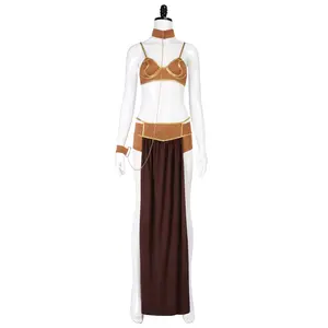 Princess Leia Brown Long Skirt Set with Bra Neck Collar and Shorts for Women Cosplay Costume