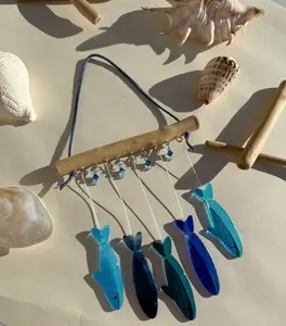 Stained Glass Sardine Wind Chime Coastal Sun Catcher, Handmade Glass Hanging Art, Ocean Blue