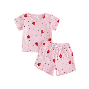 Toddler Girls Summer Shorts Set Outfit Strawberry Dots Print Short Sleeve Crew Neck T Shirt with Shorts for Toddler Kids Casual Daily Wear