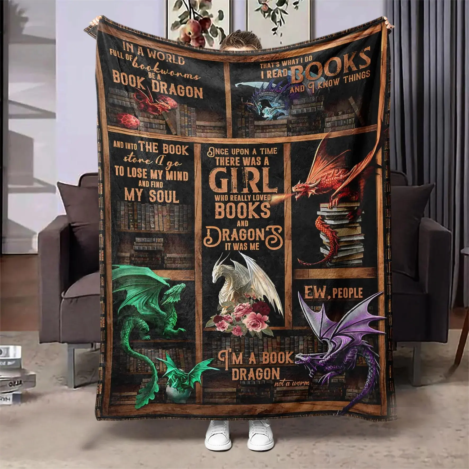 Dragon & Book Pattern Blanket, Soft Cozy Blanket, Soft Blankets, Soft Throw Blanket, Air-conditioned Room Blanket, Warm Nap Blanket for Home Office Travel Camping, Inspirational Blanket