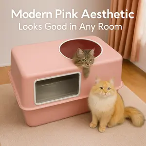2026 Modern Pink Aesthetic Enclosed Full Stainless Steel Cat Litter Box with Stainless Lid XL Size for Big & Multiple Cats No Odor Non-Sticky Kitten Friendly