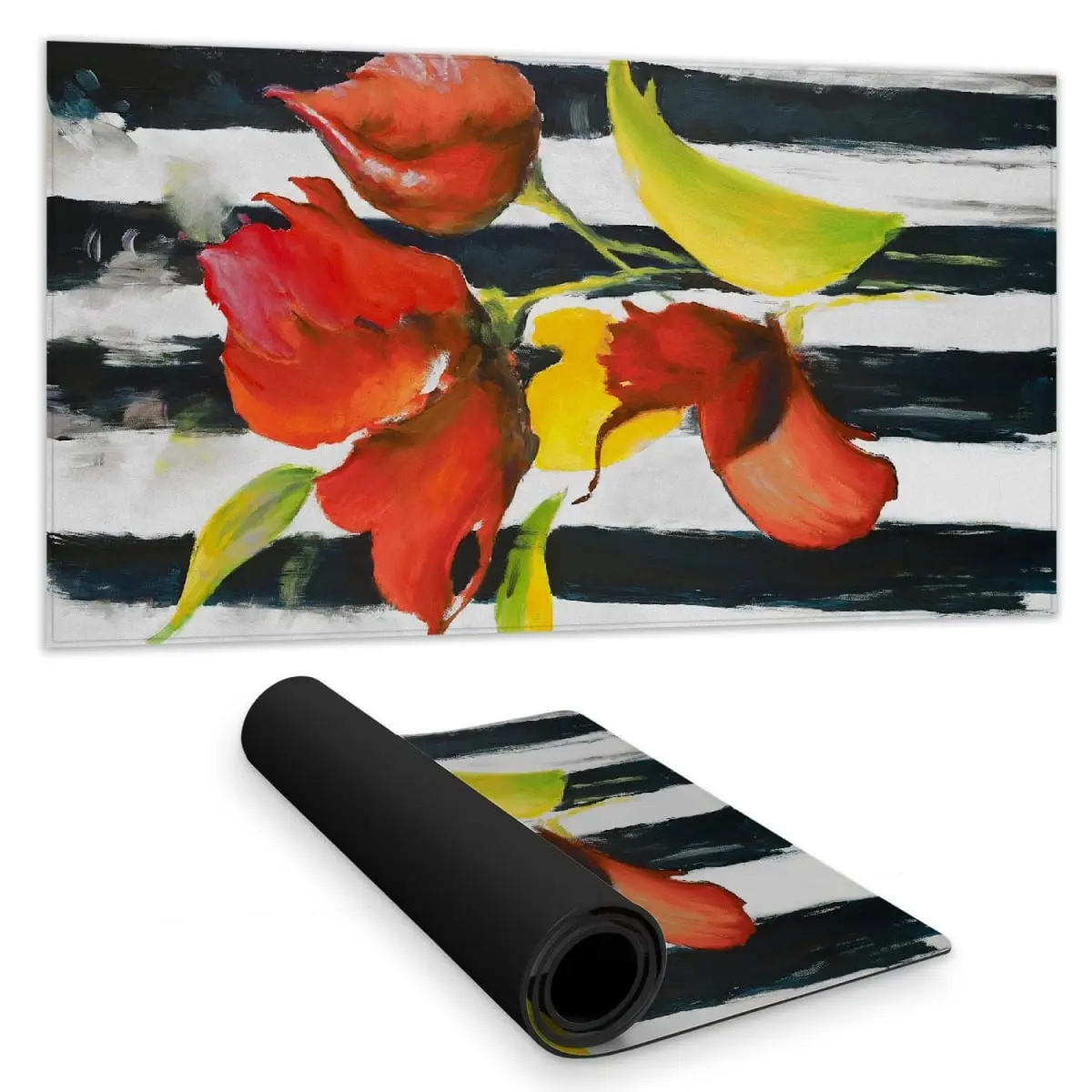 16x32 in. Office Desk Floor Mat - 360 Rotating Stand, Contemporary Floral Print on Black & White Stripes, for Stylish WFH Workspace Setup