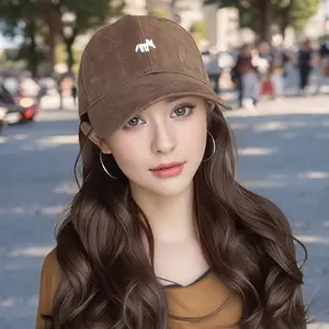 Women'S Summer Fashion Wig & Hat Set - Brown Baseball Cap with White Logo, Long Wavy Hair, Stylish Earrings, Perfect for Beach or Casual Attire, Beach Accessories|Stylish Headgear|Durable Headwear