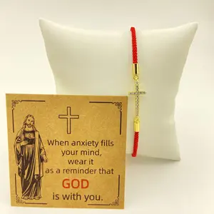 GODISS Inspirational Christian Cross Bracelet 18k Gold Plated Diamond Red Rope Braided Design with Blessing Card Perfect for Christian Baptism & Jewelry Gift