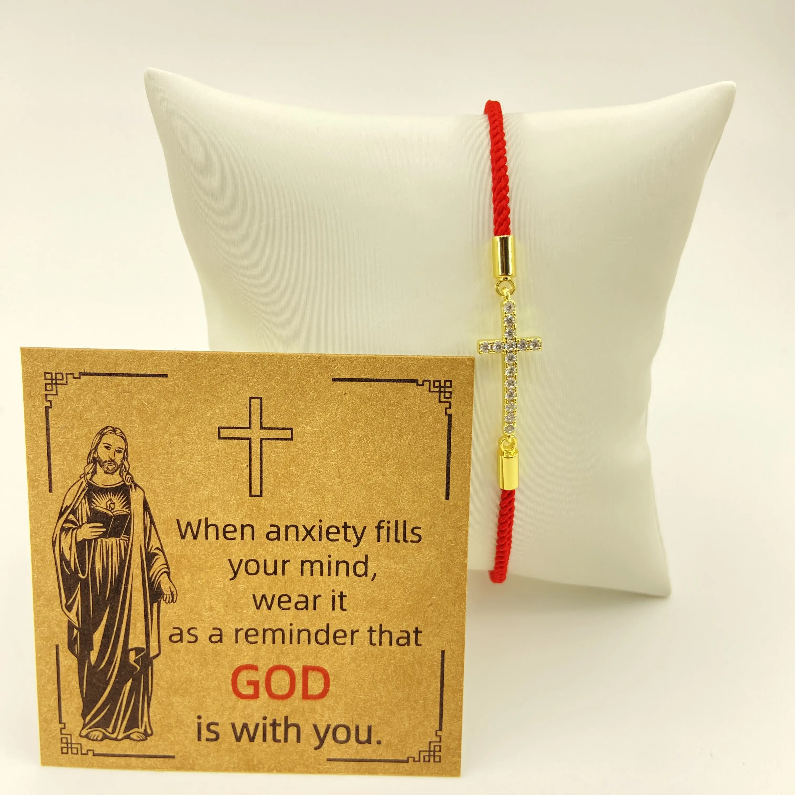 GODISS Inspirational Christian Cross Bracelet 18k Gold Plated Diamond Red Rope Braided Design with Blessing Card Perfect for Christian Baptism & Jewelry Gift