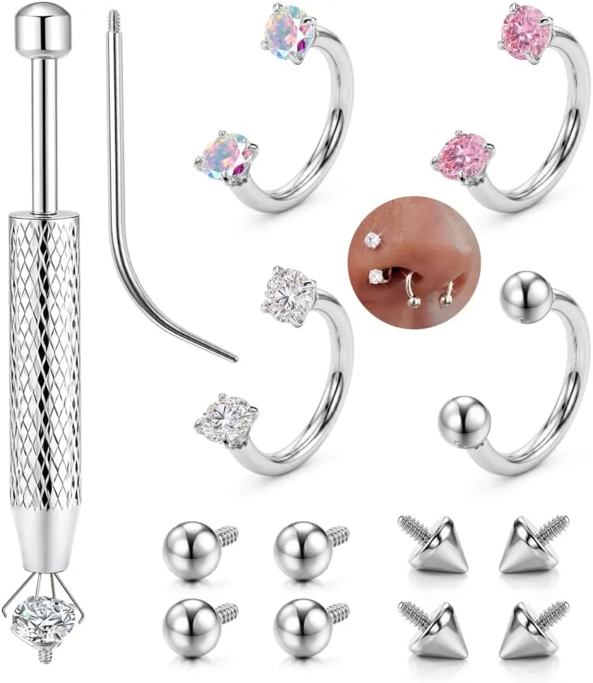 Women's 316 Surgical Steel Horseshoe Nose Rings Set - 16/18/20G Double Gem Hoops, Replacement Tops, Piercing Tool, 14K Gold Plated/Steel Body Jewelry for Septum, Helix Piercings