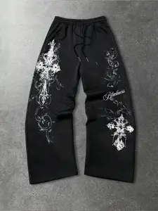 Gothic Cross Graphic Baggy Joggers | Black Oversize Streetwear Pants | Soft Comfortable Fabric | Intricate Floral & "Blackness" Print | Edgy Dark Aesthetic | Perfect for Casual Daily/Street Style | TikTok Viral Alternative Fashion | Relaxed Fit Loungewear