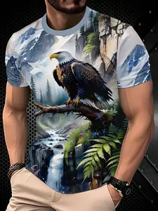 Men'S 3D Print Eagle Element Casual Athletic Top, Fabric, Regular Fit, Suitable for Outdoor Activities And Daily Comfort, Fashionable Casual Round Neck Top, Trendy Versatile And Easy to Care For, Fiber Men'S T-Shirt New Arrival