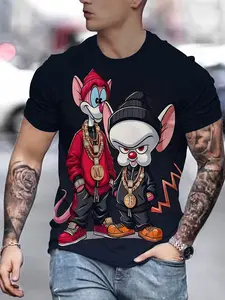 Men's Animal Print Round Neck T-Shirt, Casual Streetwear Long Sleeve Fitted Tee, Fashion Graphic Cartoon Mouse Geometric Design, All Seasons Polyester Fabric
