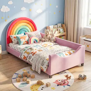 Rainbow Upholstered Twin Daybed for Kids, Low Platform Princess Bed for Girls and Boys, Colorful Rainbow Kids Bed Frame for Toddler, Children and Teens, Cute Pink Upholstered Daybed Furniture for Bedroom Playroom Decor