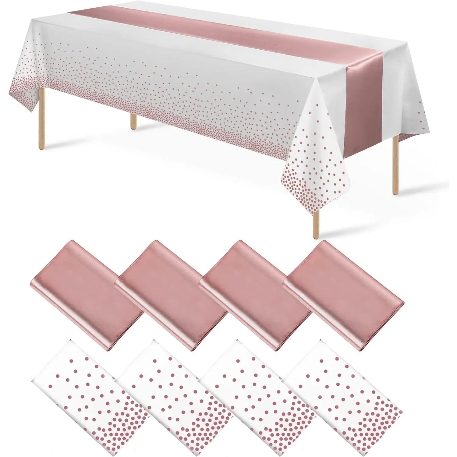 8-Pack Disposable Plastic Polka Dot Tablecloths & Glossy Rose Gold Satin Rectangle Acetate Table Runner Set, White & Rose Gold Prints for Wedding, Valentine’s Day Party Decoration Supplies