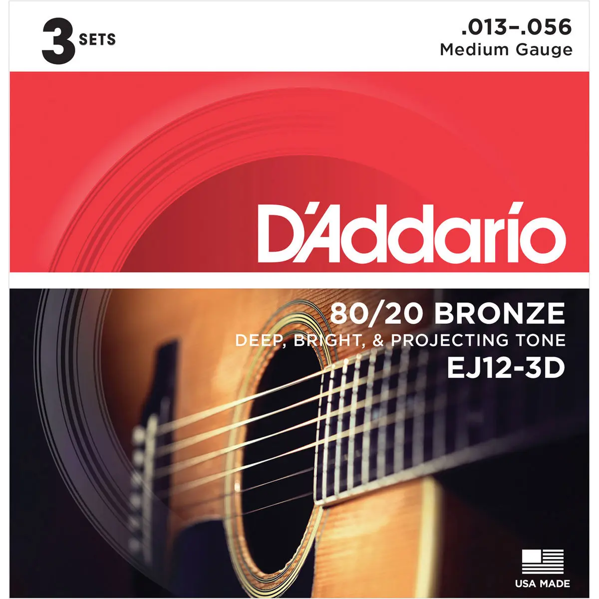 D'Addario EJ12 Acoustic Guitar Strings - 80/20 Bronze Alloy, Medium Gauge 13-56, 3-Pack Acoustic Set