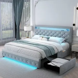 Queen   Frame  RGB LED Lights, Upholstered  Frames Full   2 Storage Drawers, King  Platform   Adjustable Height Crystal Button Tufted Headboard, No Box Spring Needed, Noise-Free, Easy Assembly bed size Cloud mirror Wide Chest of Vanity Desk with tall