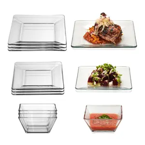Libbey Tempo Square Glass Dinnerware Set, Sleek Square Clear Glass Plates and Bowls Set of 12, Dishwasher Safe Dishes Set for Dinners, Weekend Parties