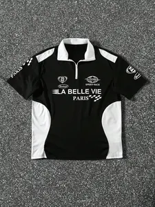 New Trendy Men's Patchwork T-Shirt, Fitted Knit Half Zip Stand Collar Short Sleeve Top, Paris Letter Print, Casual Commute Streetwear Tee