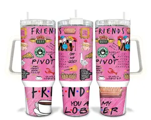Friends Tv Show Tumbler 40oz Stainless Steel,  Pink Coffee Central Perk Mug With Handle & Straw, Funny Sitcom Merch Gift, Pivot & I’ll Be There For You Design, Smelly Cat Cup, Best Friend Gift, Funny Travel Mug, Friends Fan Merchandise, Girly Coffee Cup