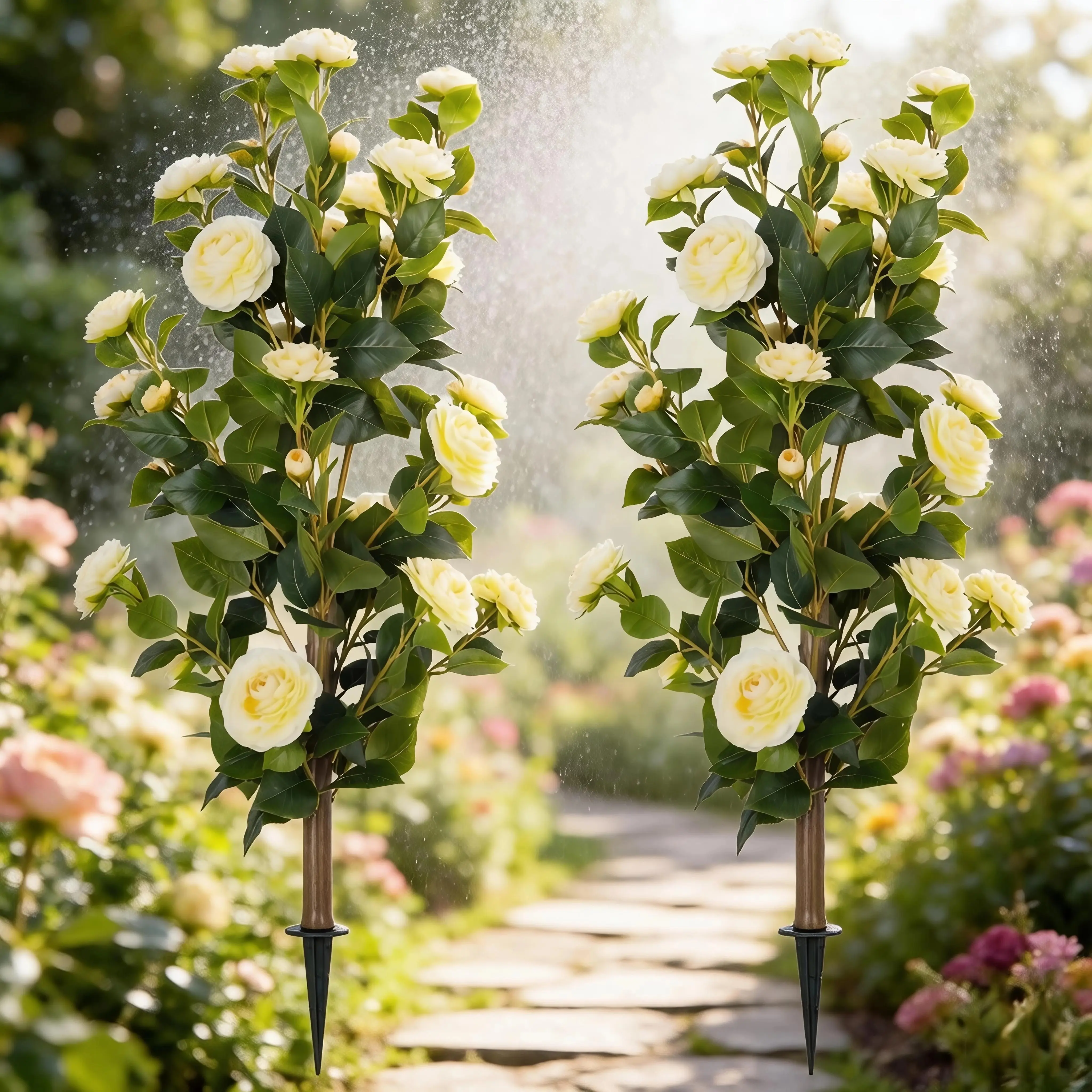 DLD Decorative Artificial Flower Arrangements, 2-Pack 36in Fake Camellia Potted Plants with 30 Blooming Yellow Flowers & Green Leaves, Indoor Home Porch & Outdoor Office Decor