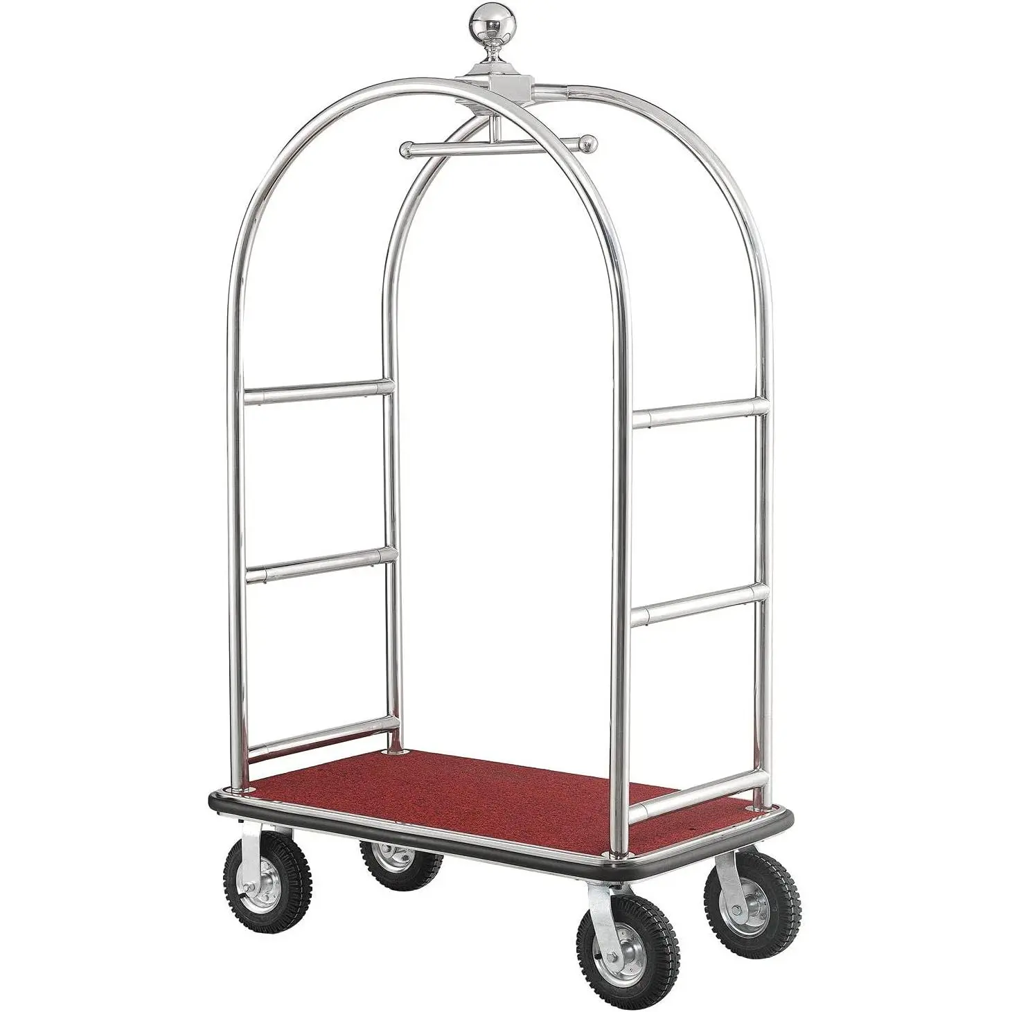 Global Industrial Silver Stainless Steel Bellman Cart Curved Uprights | 8" Pneumatic Casters, 41-1/4"L x 24"W x 75"H, Hotel Luggage Cart For Commercial Use, Condos, Resorts