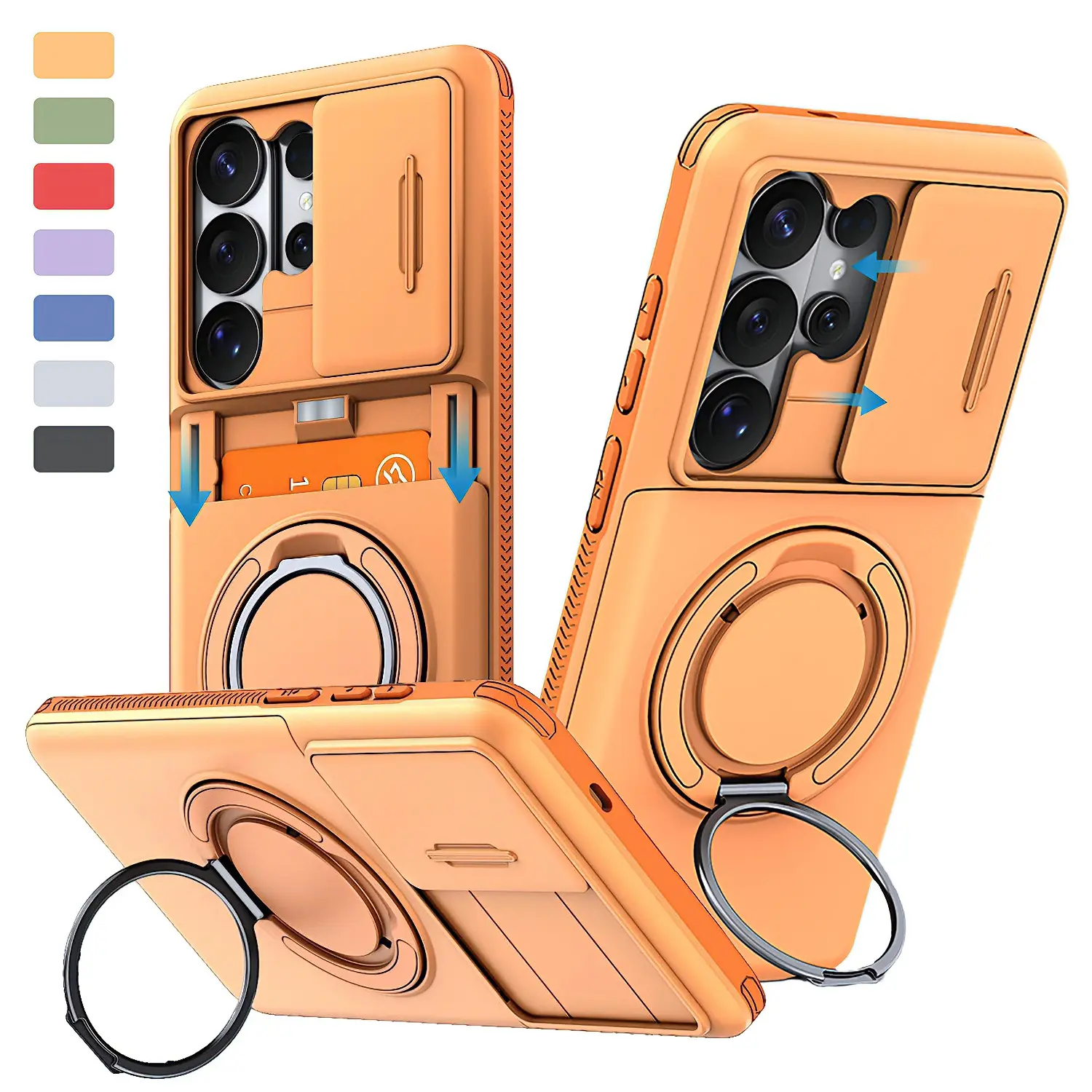 Slide Camera Cover, Military Grade Heavy Duty Shockproof Case with Rotatable Kickstand & Card Holder Wallet for Samsung Galaxy S24 S25 S26 Ultra Plus