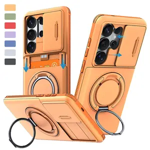 Slide Camera Cover, Military Grade Heavy Duty Shockproof Case with Rotatable Kickstand & Card Holder Wallet for Samsung Galaxy S24 S25 S26 Ultra Plus