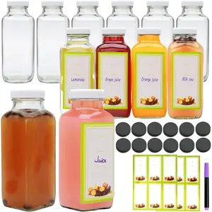 Juice with Lids, 12 OZ Juicing Reusable, Set of 12 Square Beverage Containers Drinking Jars for Milk,Juice,Tea,Milkshake,,Honey,Jam